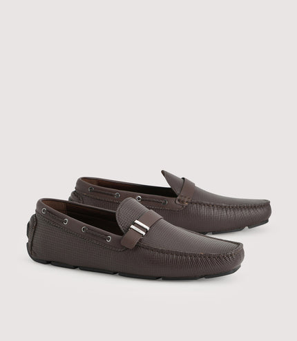Embossed Buckled Leather Moccasin