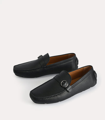 Textured Leather Moccasins with Buckle Detailing