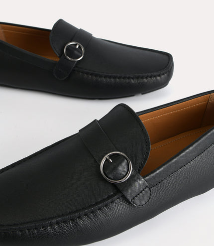 Textured Leather Moccasins with Buckle Detailing
