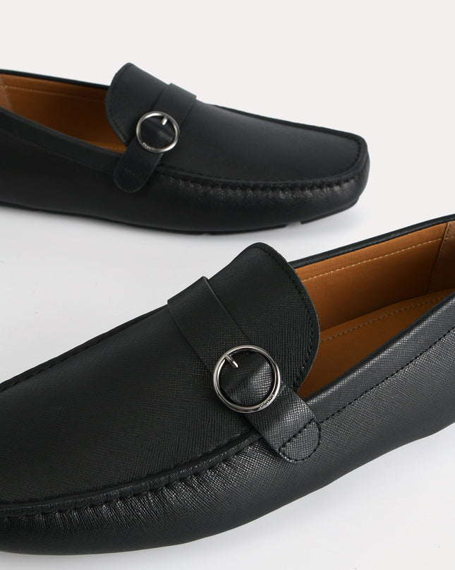 Textured Leather Moccasins with Buckle Detailing