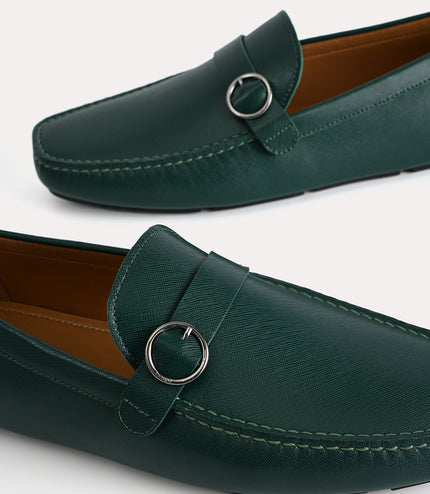 Textured Leather Moccasins with Buckle Detailing