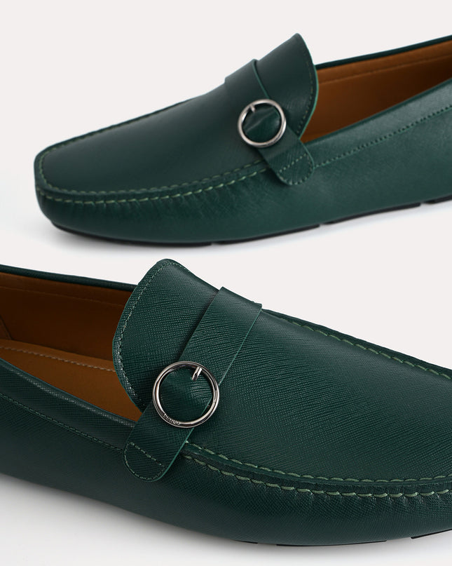 Textured Leather Moccasins with Buckle Detailing