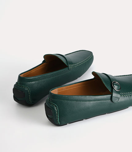 Textured Leather Moccasins with Buckle Detailing