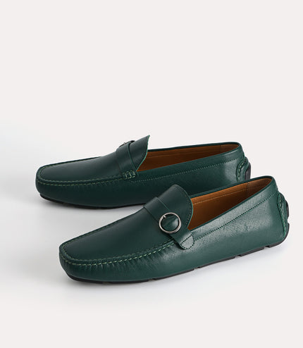 Textured Leather Moccasins with Buckle Detailing
