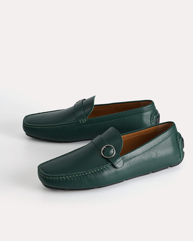 Textured Leather Moccasins with Buckle Detailing