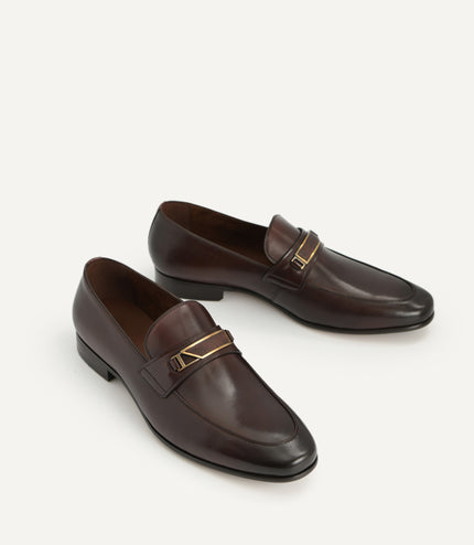Leather Loafers with Metal Bit - Brown