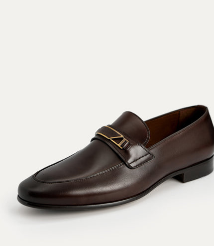 Leather Loafers with Metal Bit - Brown
