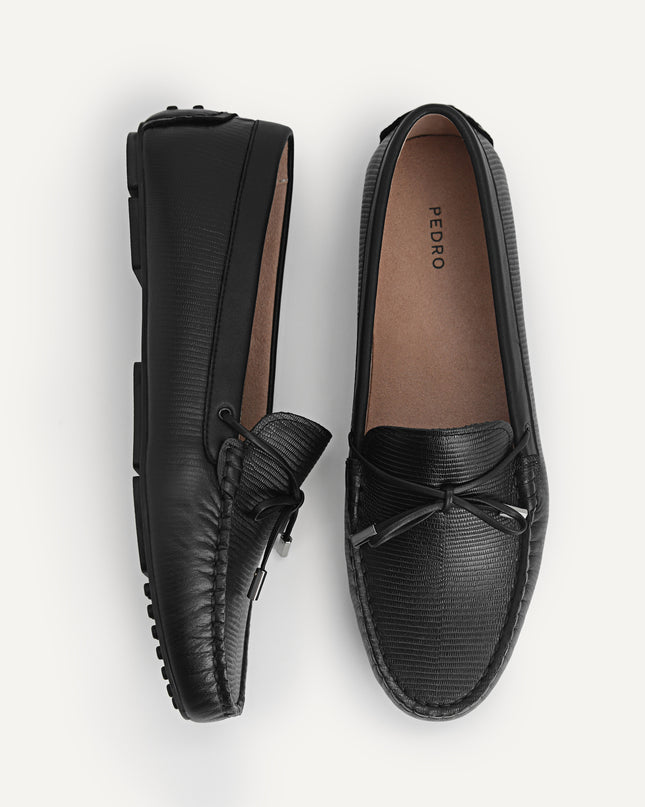 Lizard-effect Leather Bow Moccasins