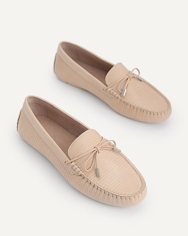 Lizard-effect Leather Bow Moccasins