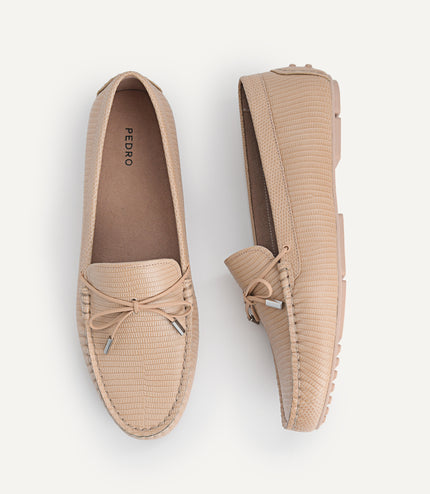 Lizard-effect Leather Bow Moccasins