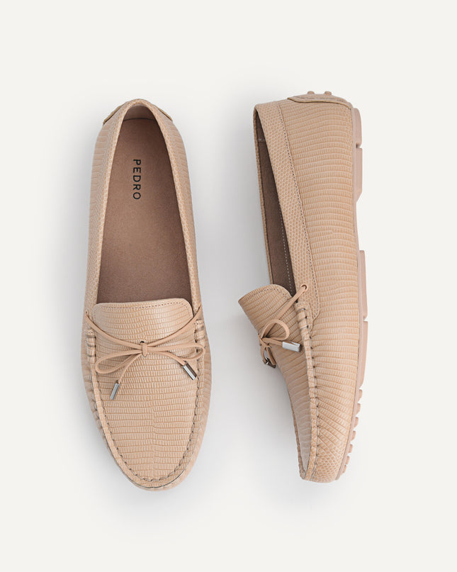 Lizard-effect Leather Bow Moccasins