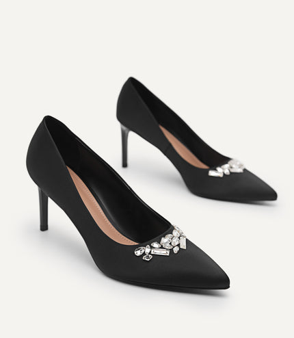 Embellished Satin Heeled Pumps