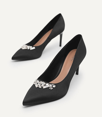 Embellished Satin Heeled Pumps