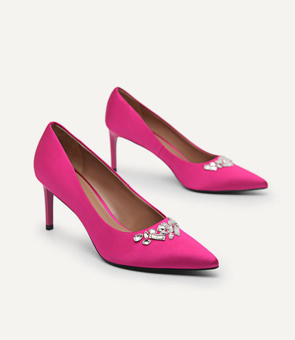Embellished Satin Heeled Pumps
