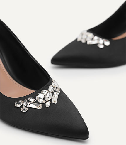 Embellished Satin Heeled Pumps