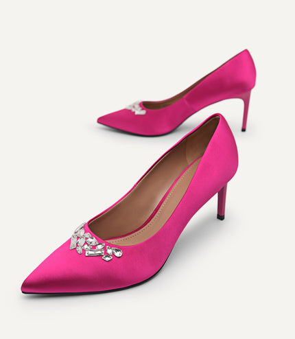 Embellished Satin Heeled Pumps