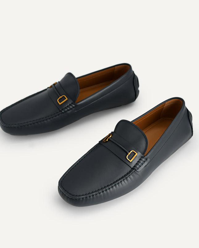 Leather Moccasins with Metal Bit - Navy