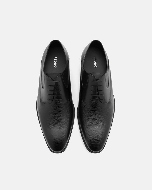 Saffiano Leather Derby Shoes - Black Embossed