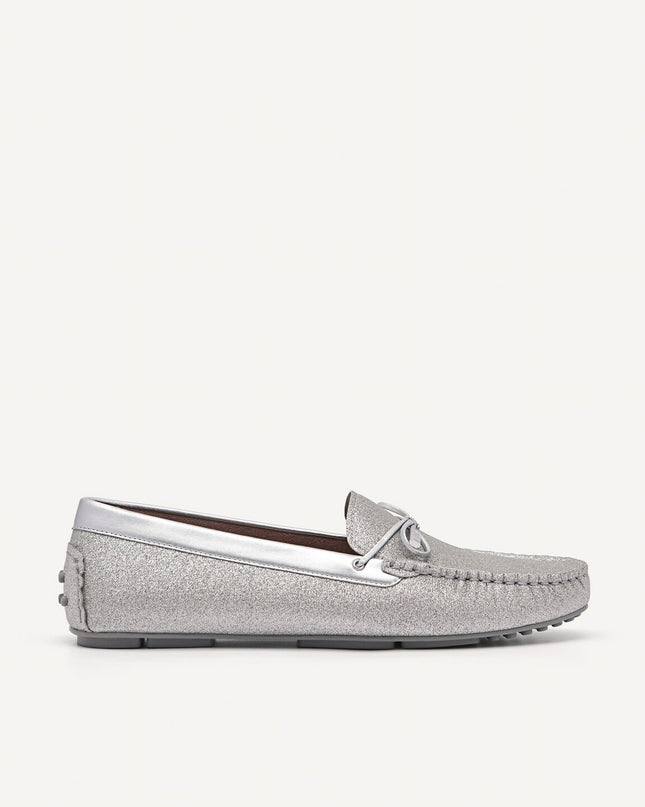 Glitter Bow Moccasins - Silver